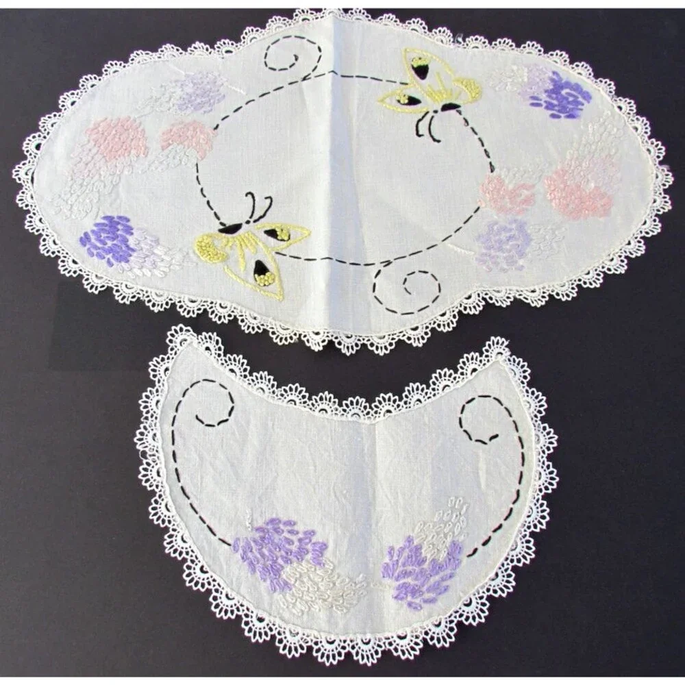 Vintage Butterfly Floral Doily Dresser Scarf Embroidery Set Linen Crochet Edges